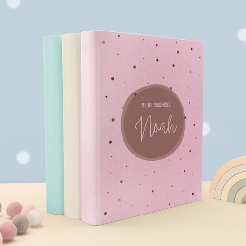 Zeugnismappe A4 personalisiert, Ringordner mit Namen, Leinen-Ordner für Schulzeugnisse, Geschenk Einschulung Mädchen & Jungen, Schulordner (Kreis Beige, Rosa, Standard) von hellomini