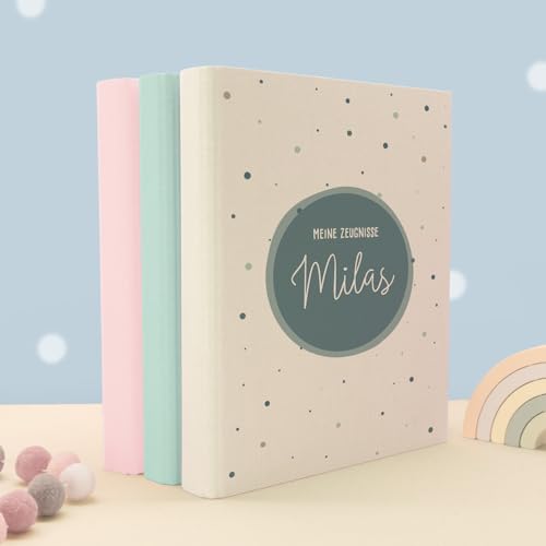 Zeugnismappe A4 personalisiert, Ringordner mit Namen, Leinen-Ordner für Schulzeugnisse, Geschenk Einschulung Mädchen & Jungen, Schulordner (Kreis Blau, Creme, Standard) von hellomini