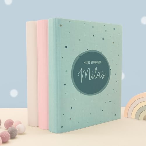 Zeugnismappe A4 personalisiert, Ringordner mit Namen, Leinen-Ordner für Schulzeugnisse, Geschenk Einschulung Mädchen & Jungen, Schulordner (Kreis Blau, Mint, Standard) von hellomini