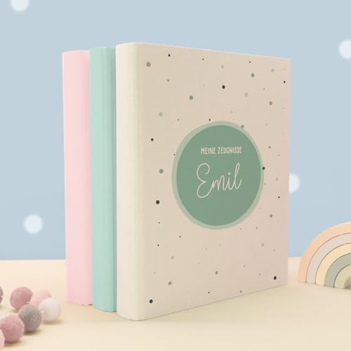 Zeugnismappe A4 personalisiert, Ringordner mit Namen, Leinen-Ordner für Schulzeugnisse, Geschenk Einschulung Mädchen & Jungen, Schulordner (Kreis Mint, Creme, Standard) von hellomini