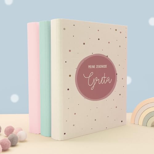 Zeugnismappe A4 personalisiert, Ringordner mit Namen, Leinen-Ordner für Schulzeugnisse, Geschenk Einschulung Mädchen & Jungen, Schulordner (Kreis Rosa, Creme, Standard) von hellomini