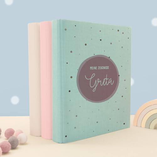 Zeugnismappe A4 personalisiert, Ringordner mit Namen, Leinen-Ordner für Schulzeugnisse, Geschenk Einschulung Mädchen & Jungen, Schulordner (Kreis Rosa, Mint, Standard) von hellomini