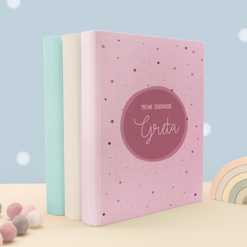 Zeugnismappe A4 personalisiert, Ringordner mit Namen, Leinen-Ordner für Schulzeugnisse, Geschenk Einschulung Mädchen & Jungen, Schulordner (Kreis Rosa, Rosa, Standard) von hellomini
