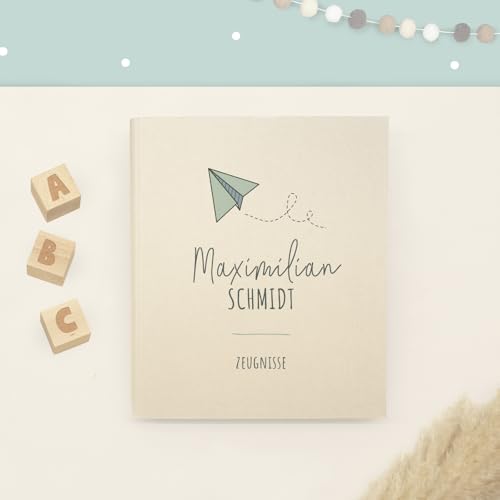 Zeugnismappe A4 personalisiert, Ringordner mit Namen, Leinen-Ordner für Schulzeugnisse, Geschenk Einschulung Mädchen & Jungen, Schulordner (Papierflieger, Creme, Standard) von hellomini