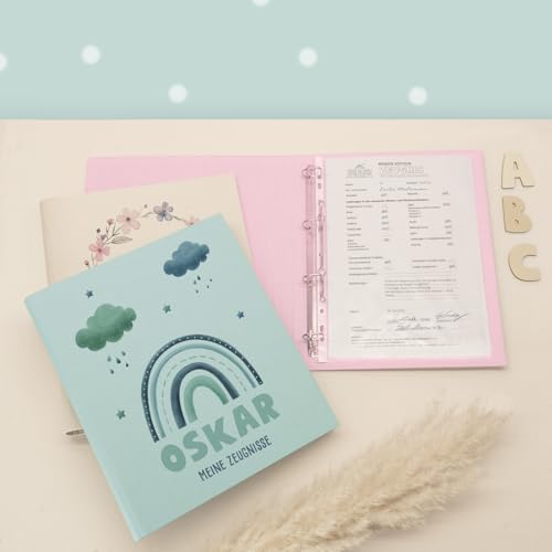 Zeugnismappe A4 personalisiert, Ringordner mit Namen, Leinen-Ordner für Schulzeugnisse, Geschenk Einschulung Mädchen & Jungen, Schulordner (Regenbogen Blau B, Mint, Standard) von hellomini
