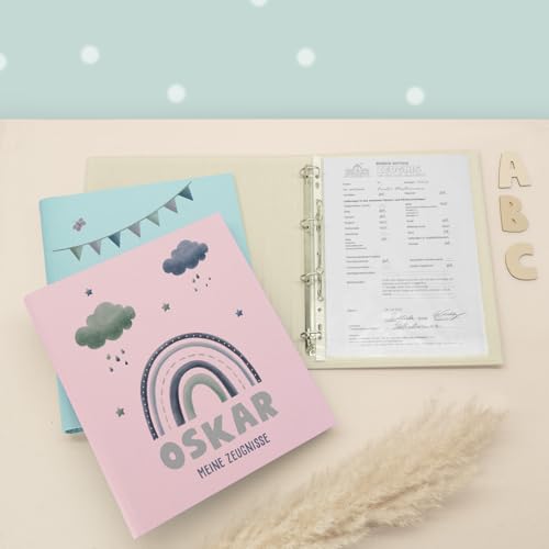 Zeugnismappe A4 personalisiert, Ringordner mit Namen, Leinen-Ordner für Schulzeugnisse, Geschenk Einschulung Mädchen & Jungen, Schulordner (Regenbogen Blau B, Rosa, Standard) von hellomini