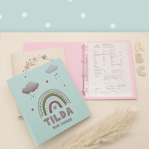 Zeugnismappe A4 personalisiert, Ringordner mit Namen, Leinen-Ordner für Schulzeugnisse, Geschenk Einschulung Mädchen & Jungen, Schulordner (Regenbogen Rosa A, Mint, Standard) von hellomini