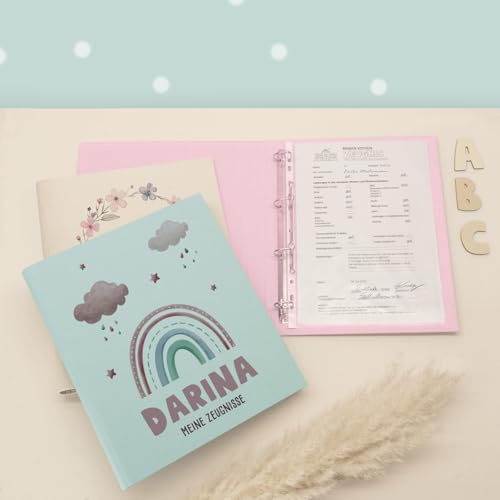 Zeugnismappe A4 personalisiert, Ringordner mit Namen, Leinen-Ordner für Schulzeugnisse, Geschenk Einschulung Mädchen & Jungen, Schulordner (Regenbogen Rosa B, Mint, Standard) von hellomini