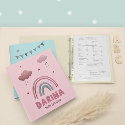 Zeugnismappe A4 personalisiert, Ringordner mit Namen, Leinen-Ordner für Schulzeugnisse, Geschenk Einschulung Mädchen & Jungen, Schulordner (Regenbogen Rosa B, Rosa, Standard) von hellomini