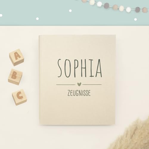 Zeugnismappe A4 personalisiert, Ringordner mit Namen, Leinen-Ordner für Schulzeugnisse, Geschenk Einschulung Mädchen & Jungen, Schulordner (Schriftzug Dunkel Herz, Creme, Standard) von hellomini