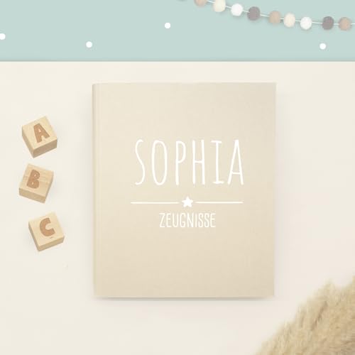 Zeugnismappe A4 personalisiert, Ringordner mit Namen, Leinen-Ordner für Schulzeugnisse, Geschenk Einschulung Mädchen & Jungen, Schulordner (Schriftzug Weiß Stern, Creme, Standard) von hellomini