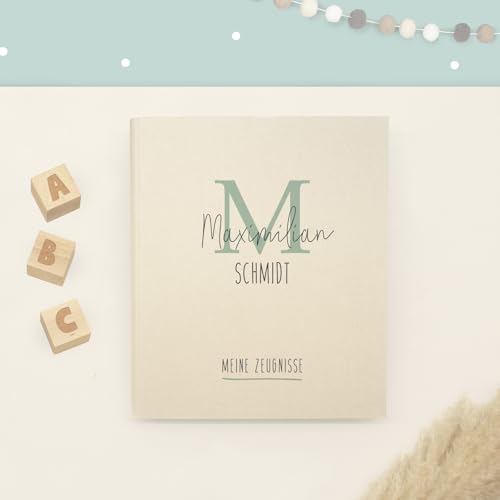 Zeugnismappe A4 personalisiert, Ringordner mit Namen, Leinen-Ordner für Schulzeugnisse, Geschenk Einschulung Mädchen & Jungen, Schulordner (dünner Buchstabe, Creme, Standard) von hellomini