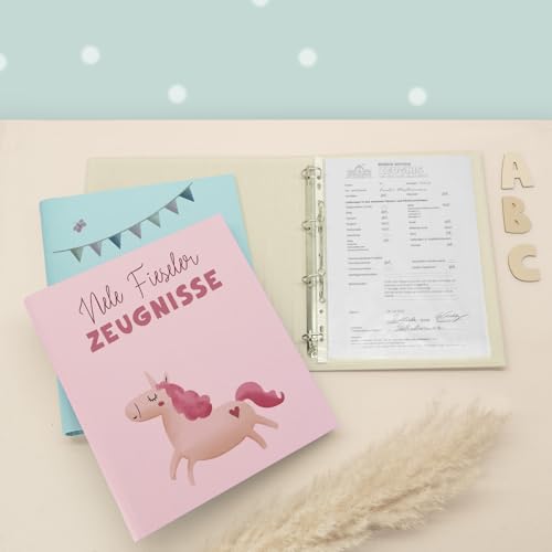 Zeugnismappe A4 personalisiert, Ringordner mit Namen, Leinen-Ordner für Schulzeugnisse, Geschenk Einschulung Mädchen & Jungen, Schulordner Tiermotive (Einhorn, Rosa, 31×27×4,5) von hellomini