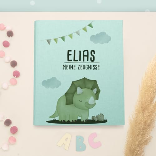 Zeugnismappe A4 personalisiert, Ringordner mit Namen, Leinen-Ordner für Schulzeugnisse, Geschenk Einschulung Mädchen & Jungen, Schulordner Tiermotive (Grüner Dino, Mint, 31×27×4,5) von hellomini