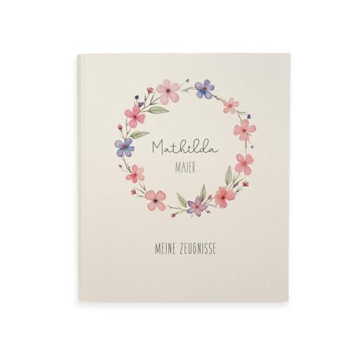 hellomini Zeugnismappe A4 personalisiert, Ringordner mit Namen, Leinen-Ordner für Schulzeugnisse, Geschenk Einschulung Mädchen & Jungen, Schulordner (Blumenkranz Bunt) von hellomini