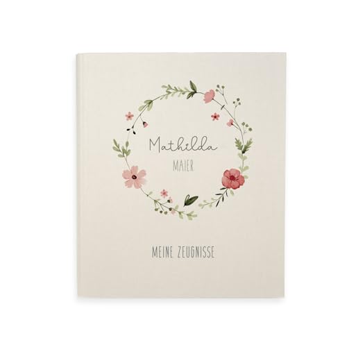 hellomini Zeugnismappe A4 personalisiert, Ringordner mit Namen, Leinen-Ordner für Schulzeugnisse, Geschenk Einschulung Mädchen & Jungen, Schulordner (Blumenkranz Rot) von hellomini