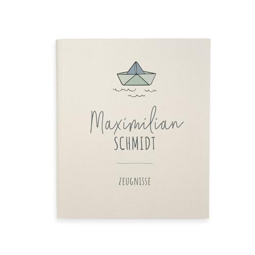 hellomini Zeugnismappe A4 personalisiert, Ringordner mit Namen, Leinen-Ordner für Schulzeugnisse, Geschenk Einschulung Mädchen & Jungen, Schulordner (Papierboot) von hellomini