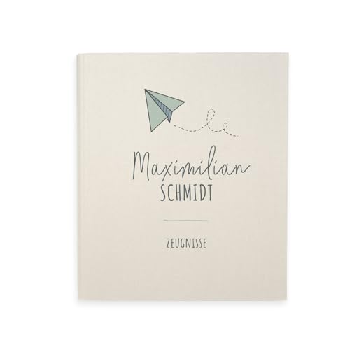 hellomini Zeugnismappe A4 personalisiert, Ringordner mit Namen, Leinen-Ordner für Schulzeugnisse, Geschenk Einschulung Mädchen & Jungen, Schulordner (Papierflieger) von hellomini