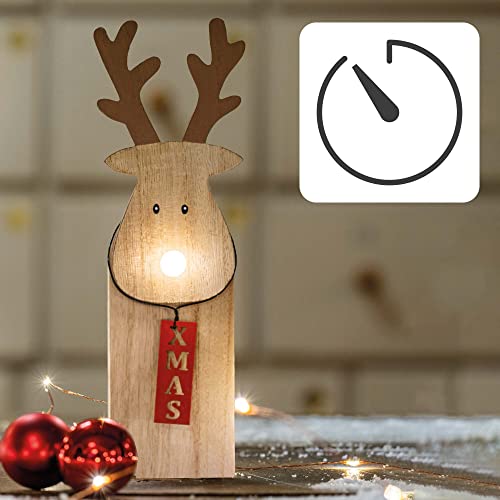 Hellum LED Holz-Rentier mit leuchtender Nase, ca. 25,3cm hoch, 1 LED, warmweiß, batteriebetrieben (2x AAA, nicht enthalten), innen IP20, Winterdecoration, Dekoration, Weihnachtsdekoration, 524666 von hellum