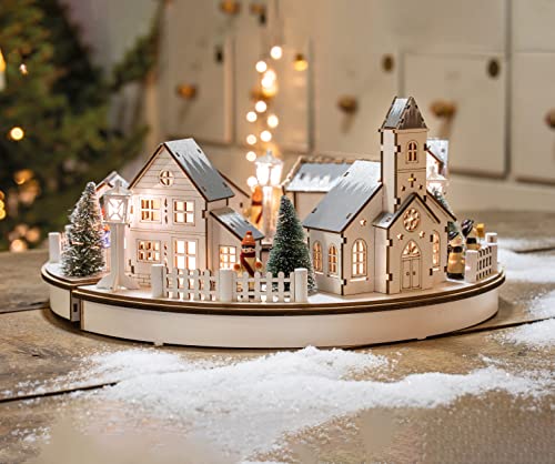 hellum LED Holz-Stadt-Szenerie im Halbkreis mit Kirche, mit 6h-Timer, Weihnachten,1 LED, warmweiß, Duchmesser 39cm, batteriebetrieben (2x AA, nicht inkl.), innen IP20, Winter-Dekoration, 524611 von hellum