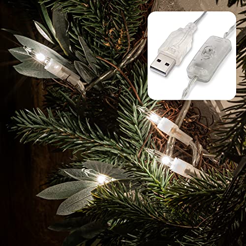 hellum LED Lichterkette 20er innen, Lichterkette mit Schalter, warmweiß LED, mit USB-Anschluss, Kabel transparent, beleuchtet 228cm, unter 59 Lumen, Mini Lichterkette 523126 von hellum