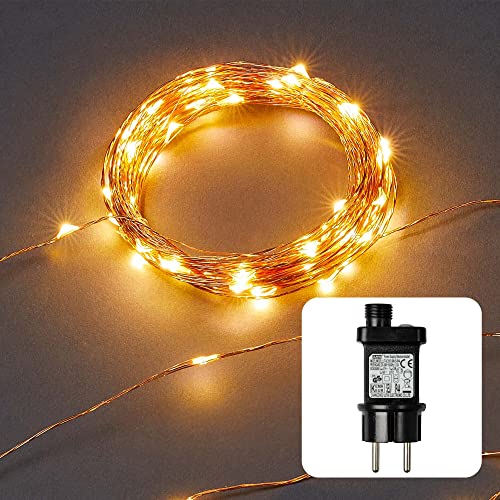 Hellum LED Lichterkette außen Kupferkabel 100 warm-weiße LED beleuchtet 19,8m LED-Lichterkette mit Timer+Trafo+Aufrollhilfe für Kinderzimmer Garten Balkon Party Hochzeit Weihnachten Innen+Außen 578904 von hellum