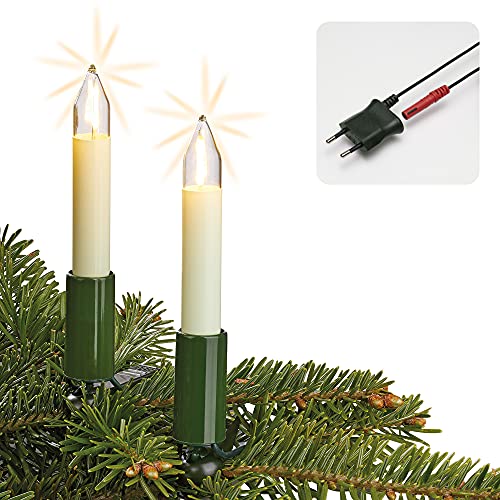 hellum LED Lichterkette Weihnachtsbaum Made-in-Germany Christbaumbeleuchtung Kerzen Lichterkette innen mit Clip, 15 warm-weiße LED-Filament, beleuchtet 980cm, Kabel grün, für Innen mit Stecker 802078 von hellum