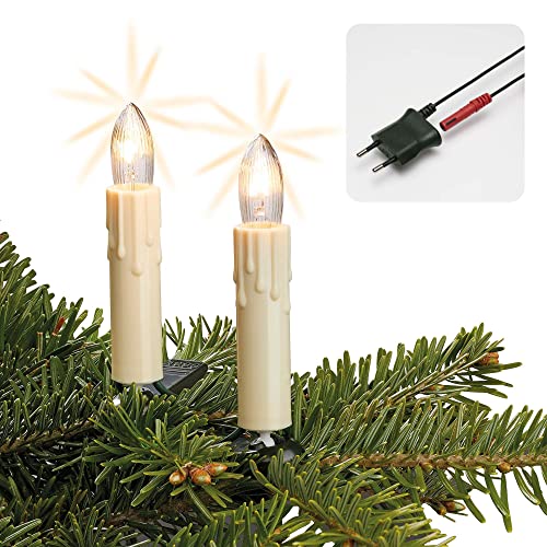 hellum Lichterkette innen Wachstropfen Made in Germany, 20,3m beleuchtet mit 30 Riffelkerzen elfenbein, Weihnachtsbaum mit Kabel grün, teilbaren Stecker und Clips, klar Glühfaden <59lm 814118 von hellum
