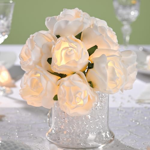 hellum Blumenstrauß LED Rosen beleuchtet, weiße künstliche Blumen mit 10 warmweißen LEDs, Rosenstrauß, leuchtende Deko Frühling innen, batteriebetrieben (2xAA, nicht inkl.), Deko 300260 von hellum