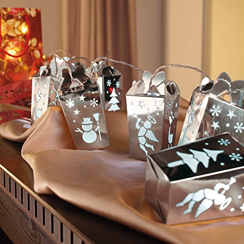 hellum 520439 LED-Lichterkette mit 10 silberfarbenen Geschenkboxen, 10 weiße LEDs, 1,85 m Gesamtlänge, batteriebetrieben (nicht inkl.) von hellum