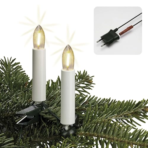 hellum LED Lichterkette Weihnachtsbaum Made-in-Germany Christbaumbeleuchtung Kerzen Lichterkette innen mit Clip, 15 warmweiße LED-Filament, beleuchtet 980cm, Kabel grün Schaft weiß 815009 von hellum