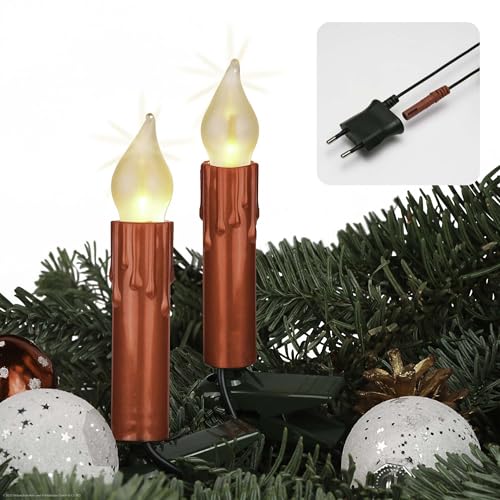 hellum LED Lichterkette Weihnachtsbaum mit Wachstropfen Made-in-Germany, Tannenbaum Lichterkette mit Clip, 20 Lichter, beleuchtet 13,3m, Kabel grün Schaft rot, für innen mit teilbarem Stecker 815078 von hellum