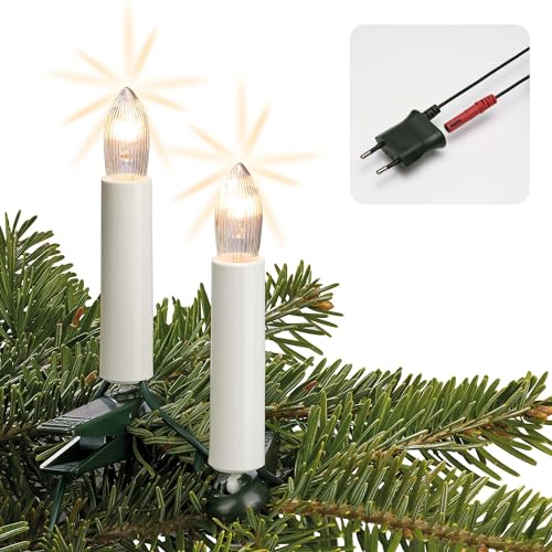 hellum LED Lichterkette Weihnachtsbaum Made-in-Germany, Tannenbaum Lichterkette mit Clip, 30 Lichter, beleuchtet 20,3m, Kabel grün Schaft weiß, für innen mit teilbarem Stecker 815153 von hellum