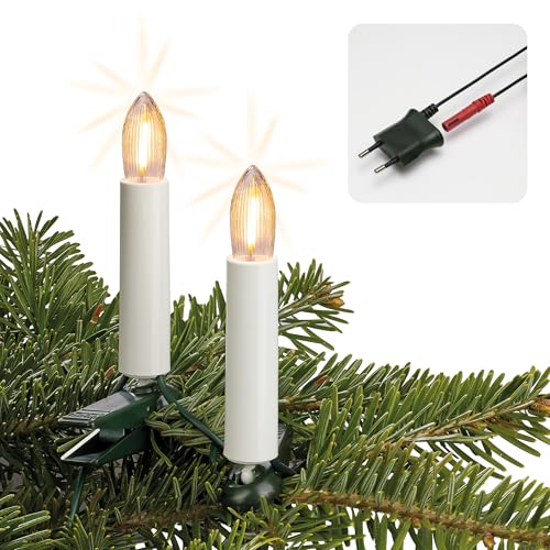 hellum Lichterkette Weihnachtsbaum Made in Germany, 20,3m beleuchtet mit 30 warmweißen LED Filament Riffelkerzen in weiß, Weihnachtsbaum Beleuchtung innen Kabel, Stecker teilbar und Clip <59lm 815153 von hellum