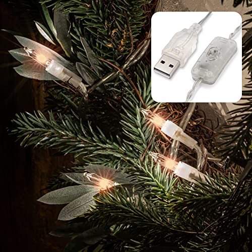 hellum LED Lichterkette innen, 35er Lichterkette mit Schalter, warmweiß LED Ersatzbirnen Lichterkette mit USB-Anschluss, Kabel transparent beleuchtet 228cm, Pisello Lichterkette Weihnachtsbaum 525144 von hellum