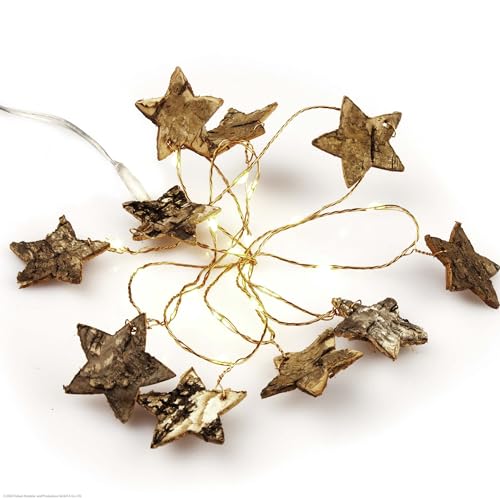 hellum LED Lichterkette mit Sternen, 20 Sterne aus Birkenrinde, LED warmweiß mit Timer, batteriebetrieben (3xAA nicht inkl.) Weihnachtsdeko für Innen, 151060 von hellum