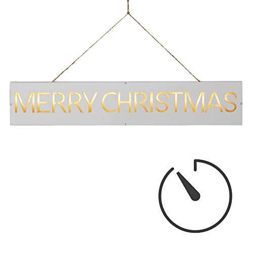 hellum LED Schriftzug mit timer, Schriftzug Merry Christmas, Leuchtbuchstaben aus Holz, 12 warm-weiße LED, batteriebetrieben (3xAA nicht inkl.!) 48x9cm, Deko Fensterbank, Weihnachten 521405 von hellum
