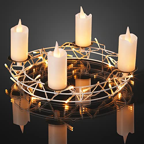 hellum LED Wachskerzen mit Metallkranz zum Hängen und Stellen, Ø 36cm x 20cm hoch, weiße LED Kerzen warmweiße Flamme, Kerzen mit Stecker, LED Weihnachtsbeleuchtung LED Deko, Echtwachs LED Kerze 878417 von hellum