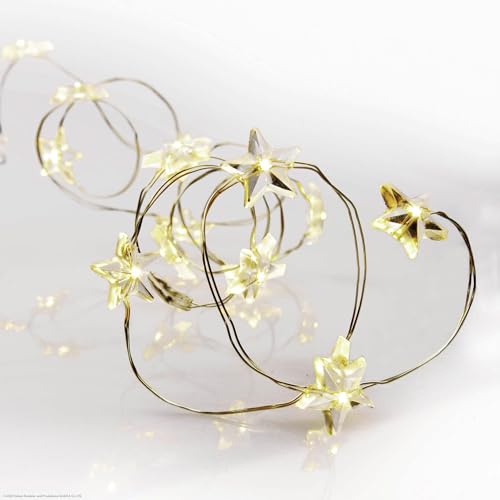 hellum Lichterkette 40 LED mit Sternen, Deko warmweiß, 195 cm Lichtlänge, 30 cm Zuleitung, mit Timer, Sterne Motiv Weihnachten, Batterie 3xAA (nicht inkl.), 525052 von hellum