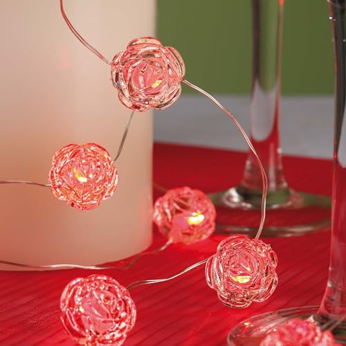 hellum Lichterkette Rosen mit 20 roten LEDs 2x, Lichterkette innen mit 190cm Lichtlänge, Lichterketten Batterie mit silberfarbenem Draht, Valentinstag Dekoration 2 Stück 151572 von hellum