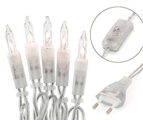 hellum Lichterkette innen strombetrieben, Lichterkette 20 Lichter Ersatzbirnen klare warme, beleuchtete Länge 1,35m, Kabel transparent mit Schalter und Stecker für Weihnachten 832068 von hellum