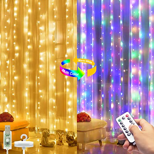 Lichterkette Vorhang Innen Dimmbar Warmweiß/Bunt, Lichtervorhang 3x3m 300 LED Vorhang mit 8 Lichtmodelle,IP65 Wasserdicht USB mit Fernbedienung für Party Weihnachten von hepside