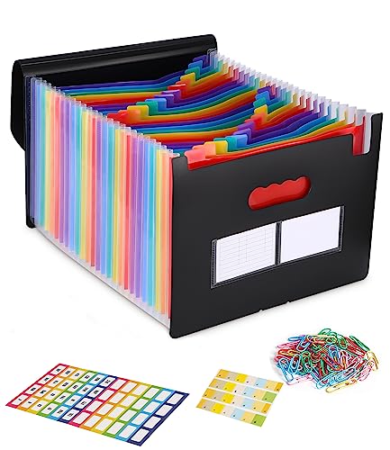 Akkordeon Aktenordner mit 26 Fächern Tragbar Erweiterbar Wasserdicht Dokumentenmappe A4 Sortiermappe Fächermappe Regenbogen Datei Organizer Grosse Kapazität Ordner mit Deckel, Labeln, Büroklammern von heuchaey