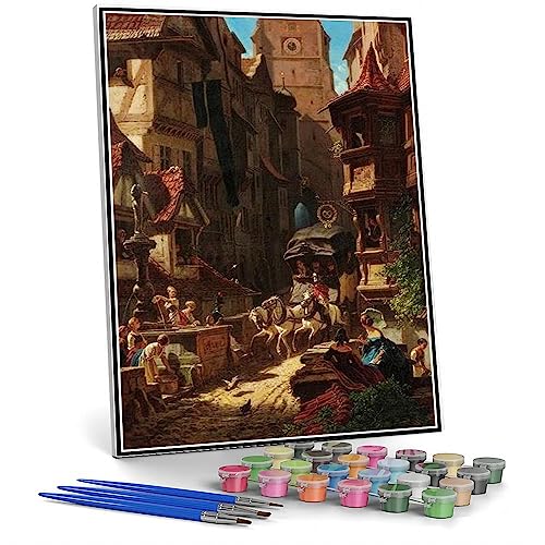 Ölgemälde-Set zum Selbermachen, die Ankunft der Postkutsche, Carl Spitzweg, Malen nach Zahlen, Set für Kinder und Erwachsene von hhydzq