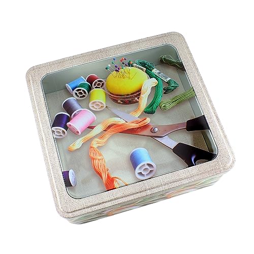 hibuy Aufbewahrungsbox - Nähkästchen aus Blech, Box für Nähzubehör - 24 x 24 x 9 cm - mit durchsichtigem Deckel von hibuy