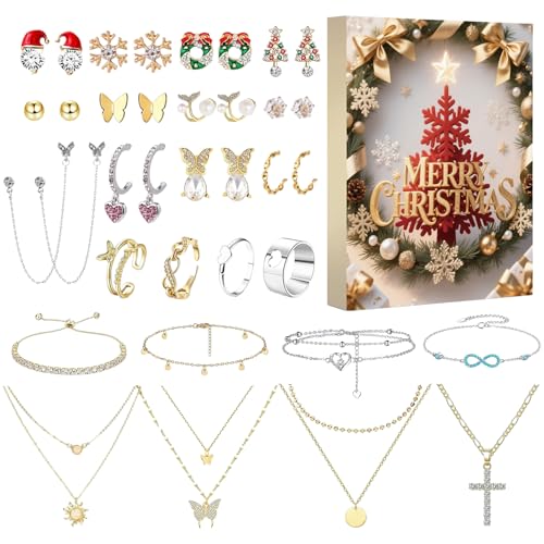 Adventskalender - 25-Tage Weihnachts Schmuck-Set Mit Halskette,Ohrringe Anhänger Armband Ringe Schmuck Für Saisonale Feste Ostern Valentinstag Halloween von higyee