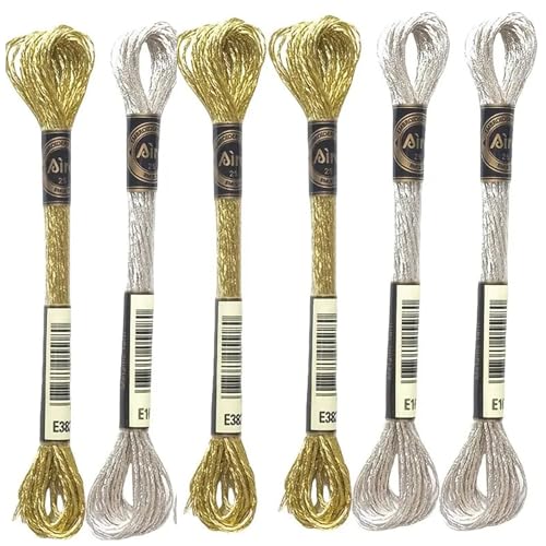 6 Stück Sticktwist Kreuzstichfäden, 8m Stickgarn Gold Metallic, 12-fädiges Stickgarn Set in Goldfarbe für Bastelarbeiten, Kreuzstich, Nähprojekte und kreative Handarbeiten mit Faden Fee Nadel von hnswwgew