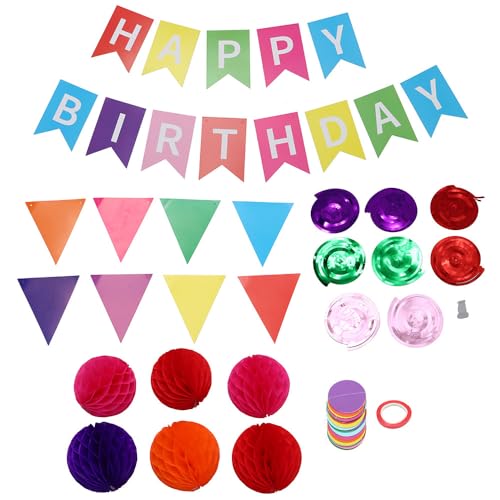 hobbyme Happy Birthday-Banner mit bunten Papierflaggen, Wimpelkette, Papierkreis, Konfetti-Girlande, Wirbelschlangen, Wabenball für Geburtstagsparty-Dekorationen von hobbyme