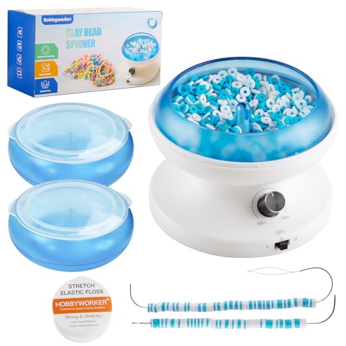 Hobbyworker Elektrisches Tonperlen-Spinner-Set mit 3 Perlenablagen, 2 Perlen-Spinner-Nadeln, 1000 Tonperlen und 1300 Rocailles, 8 m elastische Schnur für Armbänder, Halsketten, Schmuckherstellung von hobbyworker