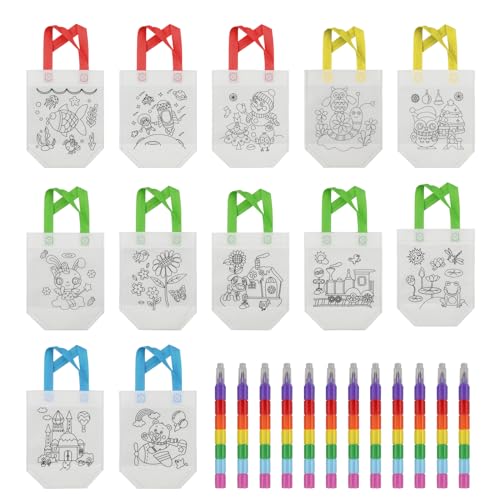 Hocadon DIY Graffiti Taschen Set - Stoffbeutel zum Bemalen für Kinder, Stapelbare Wachsmalstifte für Gastgeschenk, Kindergeburtstag Geschenke (12er Set) von hocadon